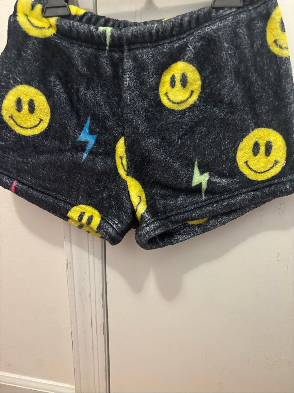 Girls Black Fuzzy Smiley Face Lounge Shorts with Yellow Accents